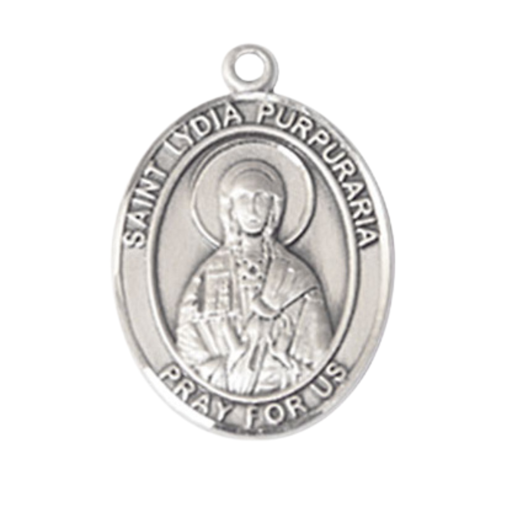 Oval Pewter Saint St. Lydia Purpuraria Medal Pendant on 24 inch Rhodium Plated Heavy Curb Brass Chain with Lobster Claw clasp, Catholic Religious Necklace - Made in USA - Deluxe Velvet Gift Box