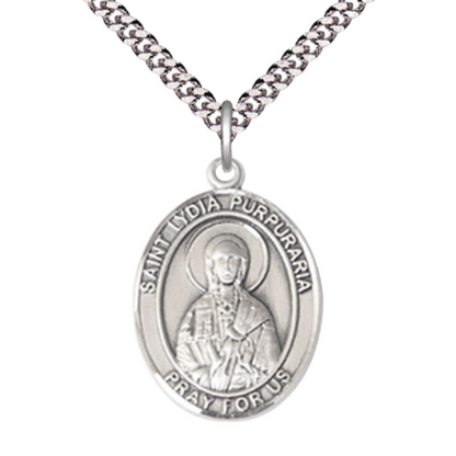 Saint St. Lydia Purpuraria Medal Necklace – Men's Pewter Pendant with 24 - Inch Light Rhodium Plated Chain – Patron Saint St. of Dyers, Catholic Medal – Velvet Gift Box Included