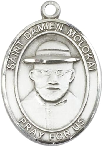 Women's Pewter Saint St. Damien of Molokai Medal Pendant on 18 Inch Rhodium Plated Lite Curb Brass Chain with Lobster Claw Clasp, Catholic Religious Necklace - Made in USA- Deluxe Velvet Gift Box