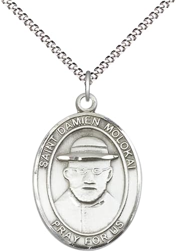 Women's .925 Sterling Silver Saint St. Damien of Molokai Medal Pendant on 18 Inch Rhodium Plated Lite Curb Brass Chain with Lobster Claw Clasp, Catholic Religious Necklace - Made in USA- Velvet Gift Box