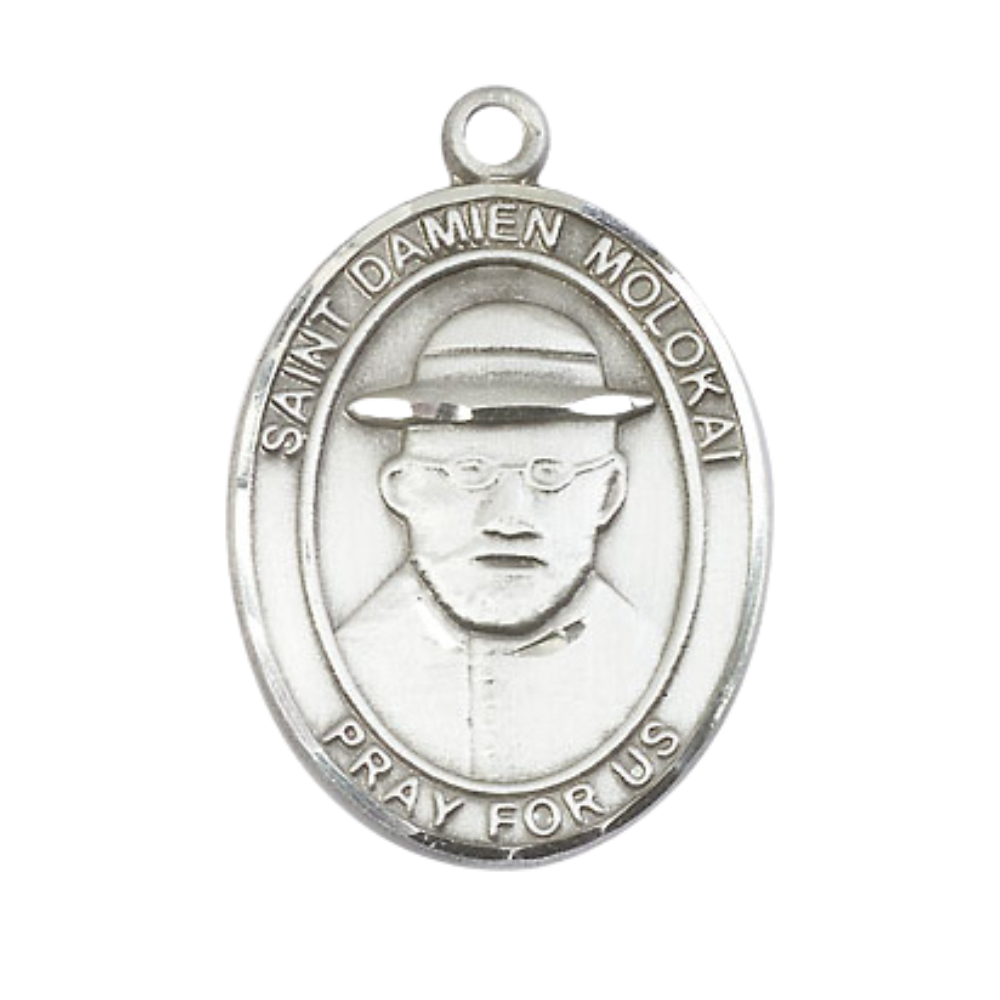 .925 Sterling Silver Saint St. Damien of Molokai Medal Pendant on 24 Inch Rhodium Plated Heavy Curb Brass Chain with Lobster Claw clasp, Catholic Religious Necklace - Made in USA- Deluxe Velvet Gift Box