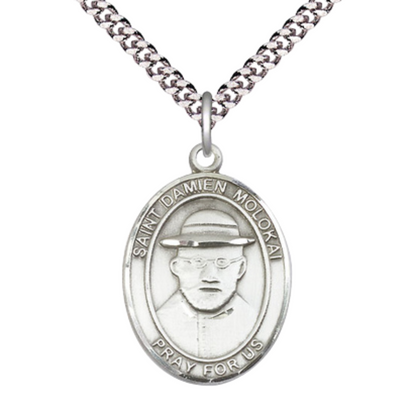 Saint St. Damien of Molokai Medal Necklace – Men's Pewter Pendant with 24- Inch Light Rhodium Plated Chain, Catholic Medal – Velvet Gift Box Included