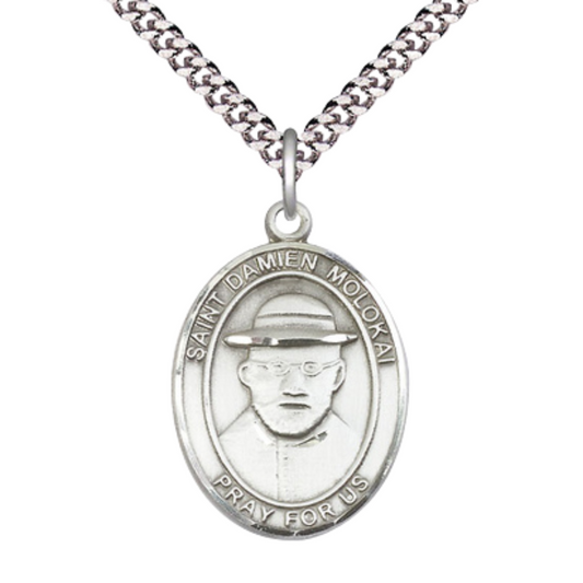 Saint St. Damien of Molokai Medal Necklace – Men's Pewter Pendant with 24- Inch Light Rhodium Plated Chain, Catholic Medal – Velvet Gift Box Included