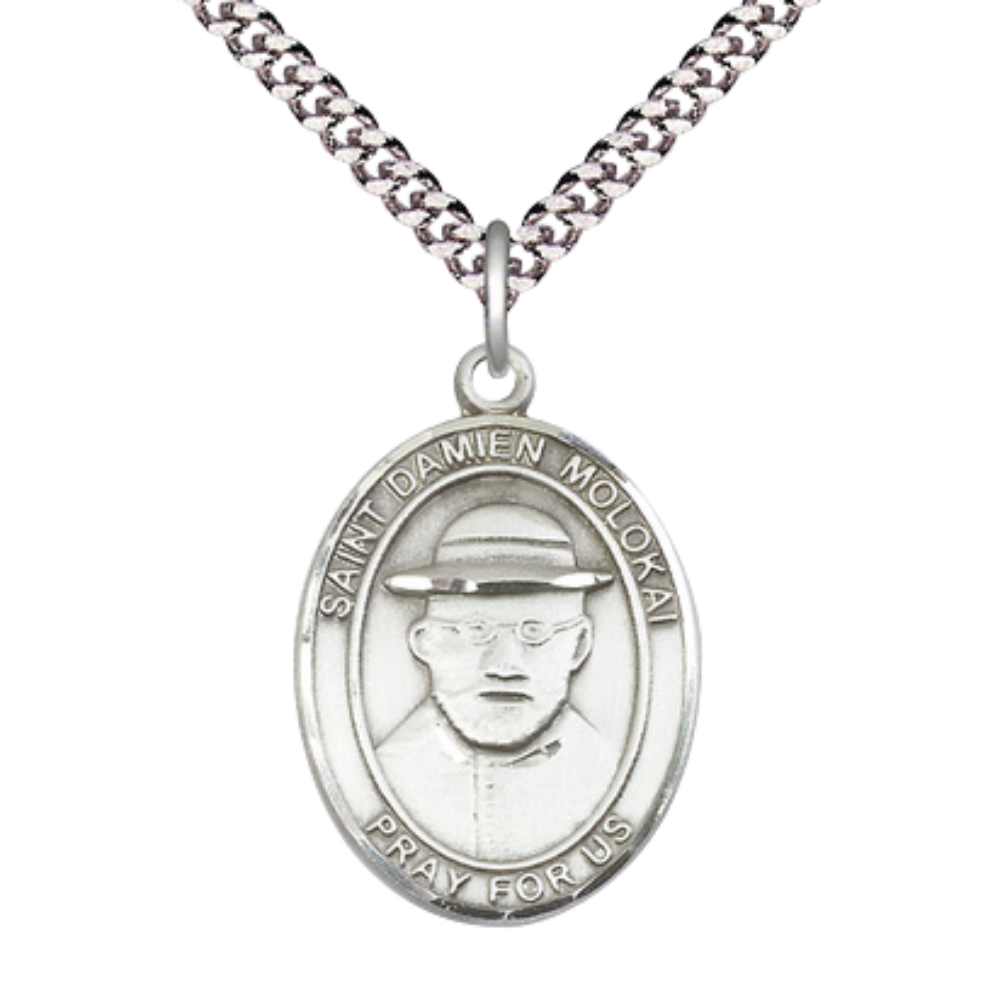 Oval Pewter Saint St. Damien of Molokai Medal Pendant on 24 inch Rhodium Plated Heavy Curb Brass Chain with Lobster Claw clasp, Catholic Religious Necklace - Made in USA- Deluxe Velvet Gift Box