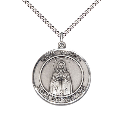 Spanish Script Women's Pewter Rosa Mystica Medal Pendant on 18 Inch Rhodium Plated Lite Curb Brass Chain, Catholic Religious Necklace with Lobster Claw Clasp - Made in USA, Deluxe Velvet Gift Box.