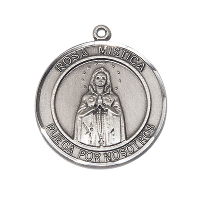 Spanish Script Women's Pewter Rosa Mystica Medal Pendant on 18 Inch Rhodium Plated Lite Curb Brass Chain, Catholic Religious Necklace with Lobster Claw Clasp - Made in USA, Deluxe Velvet Gift Box.