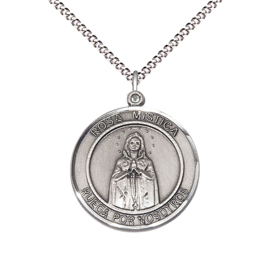 Spanish Script Women's .925 Sterling Silver Rosa Mystica Medal Pendant on 18 Inch Rhodium Plated Lite Curb Brass Chain, Catholic Religious Necklace with Lobster Claw Clasp - Made in USA, Deluxe Velvet Gift Box