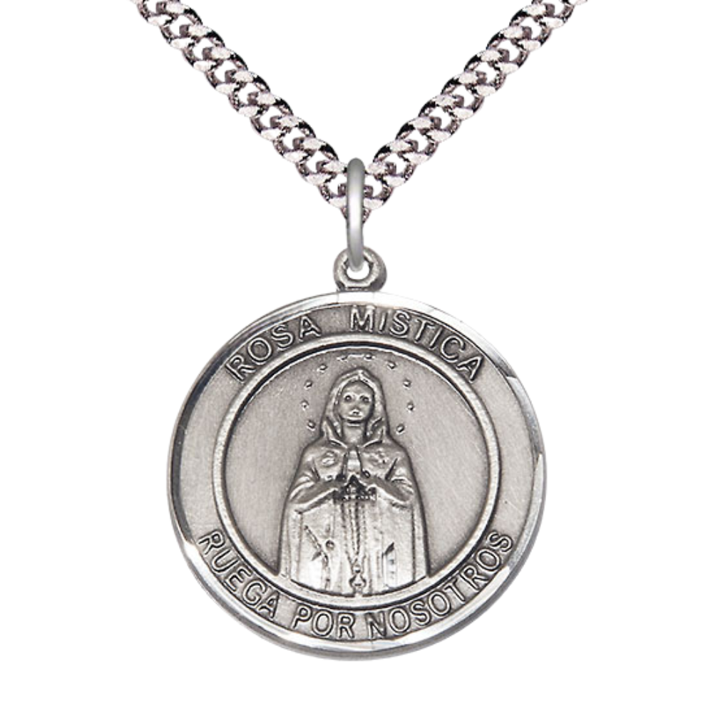 Round .925 Sterling Silver Rosa Mystica Medal Pendant on 24" Rhodium Plated Heavy Curb Brass Chain with Lobster Claw clasp, Catholic Religious Necklace -Made in USA- Deluxe Velvet Gift Box