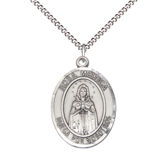 Spanish Script Women's Pewter Rosa Mystica Medal Pendant on 18 Inch Rhodium Plated Lite Curb Brass Chain, Catholic Religious Necklace with Lobster Claw Clasp - Made in USA - with Deluxe Velvet Gift Box