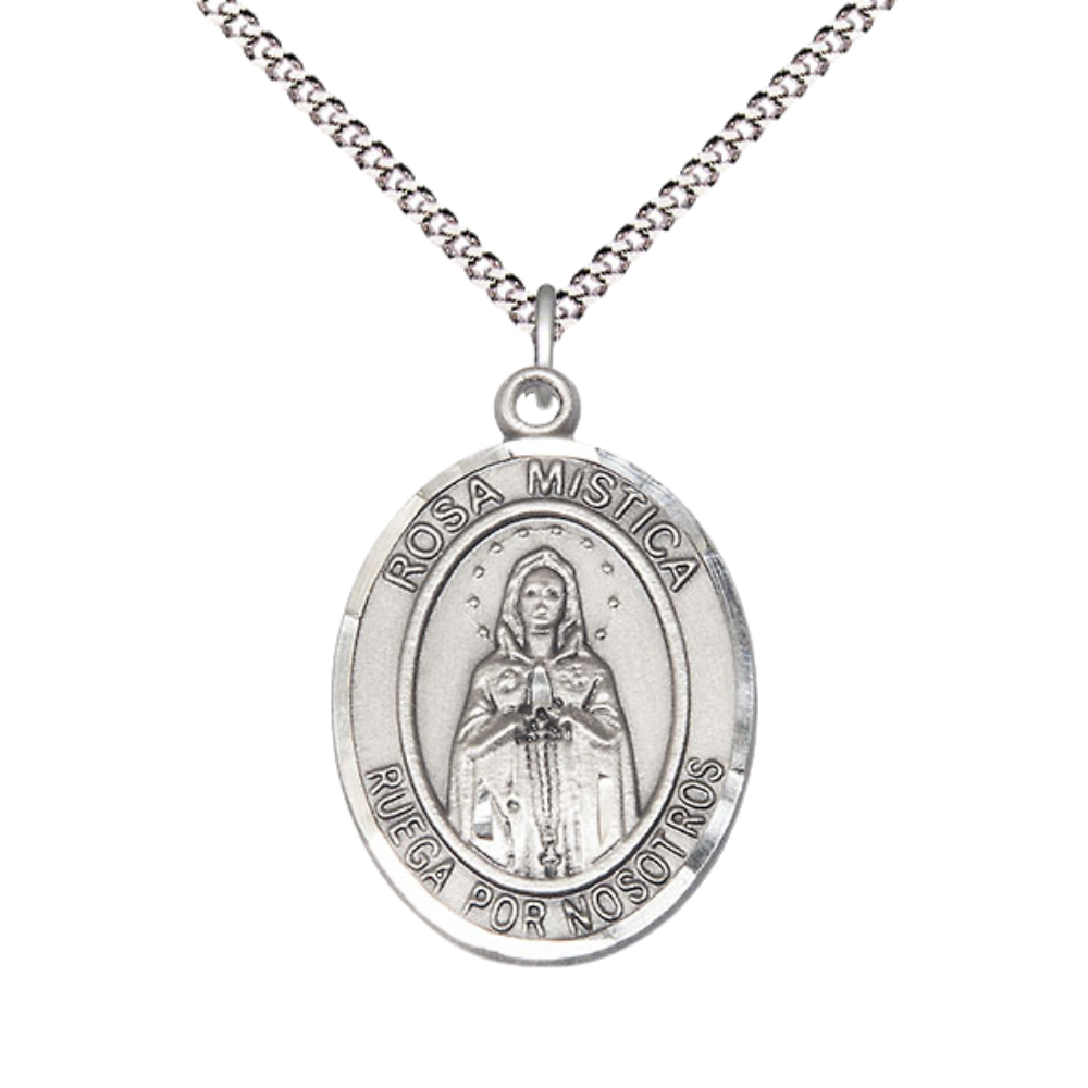 Spanish Script Women's .925 Sterling Silver Rosa Mystica Medal Pendant on 18 Inch Rhodium Plated Lite Curb Brass Chain, Catholic Religious Necklace with Lobster Claw Clasp - Made in USA- Deluxe Velvet Gift Box