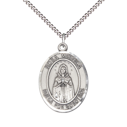 Spanish Script Women's .925 Sterling Silver Rosa Mystica Medal Pendant on 18 Inch Rhodium Plated Lite Curb Brass Chain, Catholic Religious Necklace with Lobster Claw Clasp - Made in USA- Deluxe Velvet Gift Box
