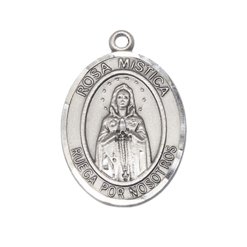 Everlasting Light Jewelry Spanish Script Men's Pewter Rosa Mystica Medal Pendant on 24 Inch Endless Rhodium Plated Heavy Curb Chain, Catholic Religious Necklace - Made in USA, Deluxe Velvet Gift Box