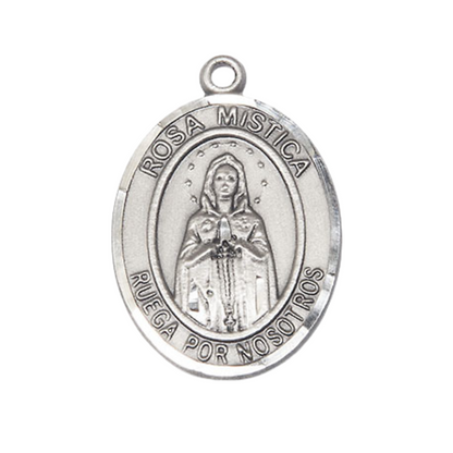 Everlasting Light Jewelry Spanish Script Men's Pewter Rosa Mystica Medal Pendant on 24 Inch Endless Rhodium Plated Heavy Curb Chain, Catholic Religious Necklace - Made in USA, Deluxe Velvet Gift Box