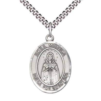 Oval .925 Sterling Silver Rosa Mystica Medal Pendant on 24" Rhodium Plated Heavy Curb Brass Chain with Lobster Claw clasp, Catholic Religious Necklace -Made in USA- Deluxe Velvet Gift Box