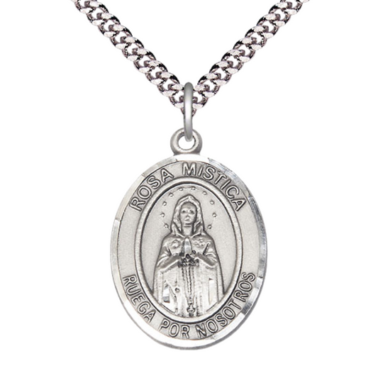Oval .925 Sterling Silver Rosa Mystica Medal Pendant on 24" Rhodium Plated Heavy Curb Brass Chain with Lobster Claw clasp, Catholic Religious Necklace -Made in USA- Deluxe Velvet Gift Box