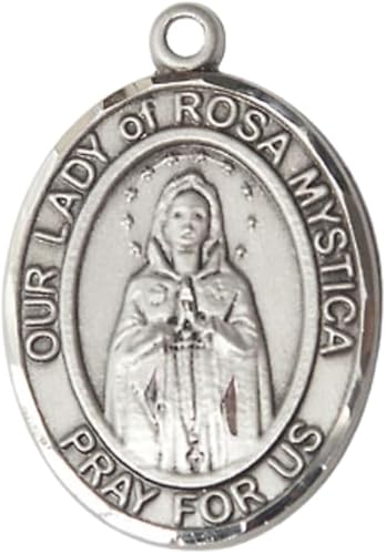 Women's .925 Sterling Silver Our Lady of Rosa Mystica Medal Pendant on 18 Inch Rhodium Plated Lite Curb Brass Chain with Lobster Claw Clasp, Catholic Religious Necklace - Made in USA- Velvet Gift Box
