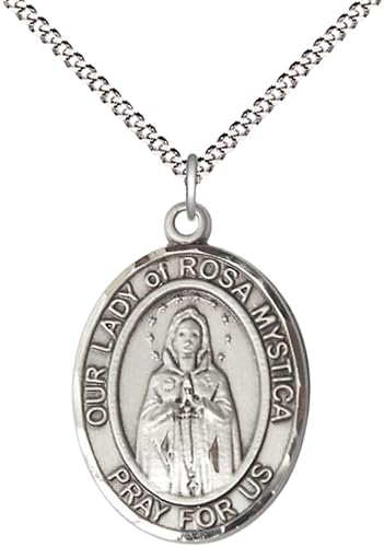 Women's Pewter Our Lady of Rosa Mystica Medal Pendant on 18 Inch Rhodium Plated Lite Curb Brass Chain with Lobster Claw Clasp, Catholic Religious Necklace - Made in USA- Deluxe Velvet Gift Box