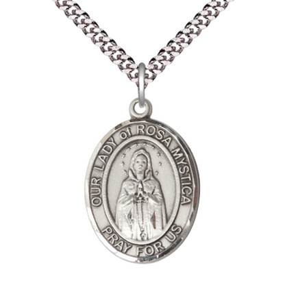 Our Lady of Rosa Mystica Medal Necklace – Men's .925 Sterling Silver Pendant with 24- Inch Light Rhodium Plated Heavy Curb Chain, Catholic Medal – Velvet Gift Box Included