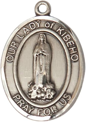 Women's Pewter Our Lady of Kibeho Medal Pendant on 18 Inch Rhodium Plated Lite Curb Brass Chain with Lobster Claw Clasp, Catholic Religious Necklace - Made in USA- Deluxe Velvet Gift Box