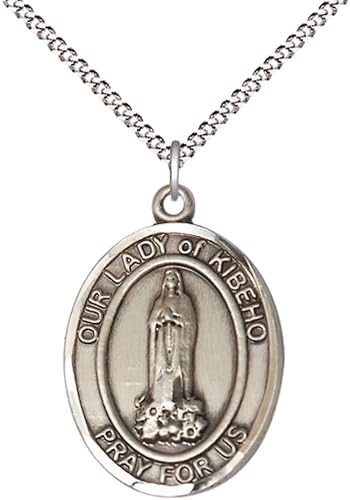 Women's .925 Sterling Silver Our Lady of Kibeho Medal Pendant on 18 Inch Rhodium Plated Lite Curb Brass Chain with Lobster Claw Clasp, Catholic Religious Necklace - Made in USA- Velvet Gift Box