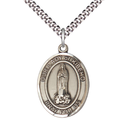 Our Lady of Kibeho Medal Necklace – Men's Pewter Pendant with 24- Inch Light Rhodium Plated Chain, Catholic Medal – Velvet Gift Box Included