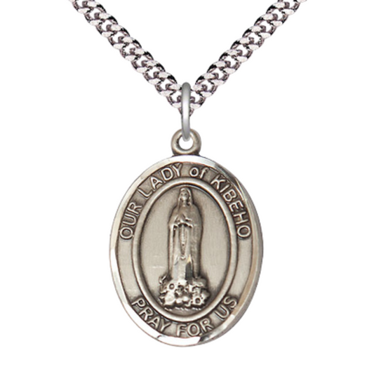 Our Lady of Kibeho Medal Necklace – Men's Pewter Pendant with 24- Inch Light Rhodium Plated Chain, Catholic Medal – Velvet Gift Box Included