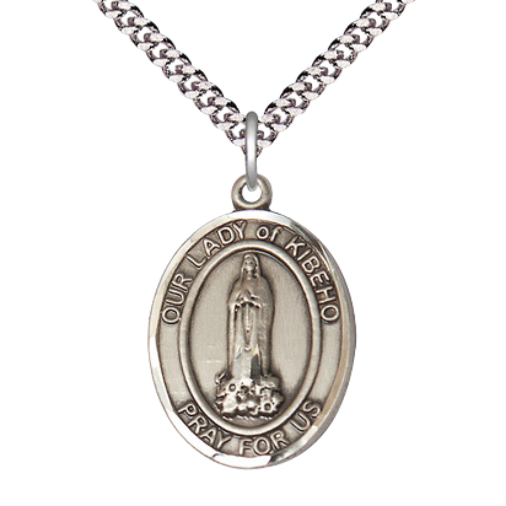 Our Lady of Kibeho Medal Necklace – Men's Sterling Silver Pendant with 24-Inch Light Rhodium Plated Heavy Curb Chain – Velvet Gift Box Included