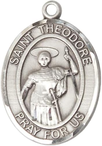 Women's Pewter Saint St. Theodore Stratelates Medal Pendant on 18 Inch Rhodium Plated Lite Curb Brass Chain with Lobster Claw Clasp, Catholic Religious Necklace - Made in USA- Deluxe Velvet Gift Box