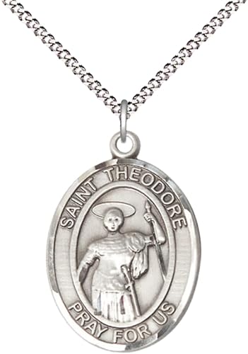 Women's .925 Sterling Silver Saint St. Theodore Stratelates Medal Pendant on 18 Inch Rhodium Plated Lite Curb Brass Chain with Lobster Claw Clasp, Catholic Religious Necklace Made in USA- Velvet Gift Box
