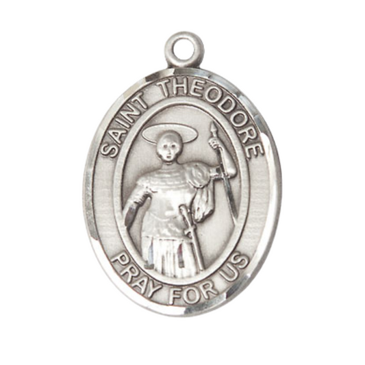.925 Sterling Silver Saint St. Theodore Stratelates Medal Pendant on 24 Inch Rhodium Plated Heavy Curb Brass Chain w/ Lobster Claw clasp, Catholic Religious Necklace - Made in USA- Deluxe Velvet Gift Box