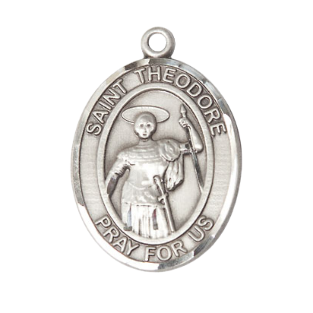 Oval Pewter Saint St. Theodore Stratelates Medal Pendant on 24 Inch Rhodium Plated Heavy Curb Brass Chain with Lobster Claw clasp, Catholic Religious Necklace - Made in USA - Deluxe Velvet Gift Box