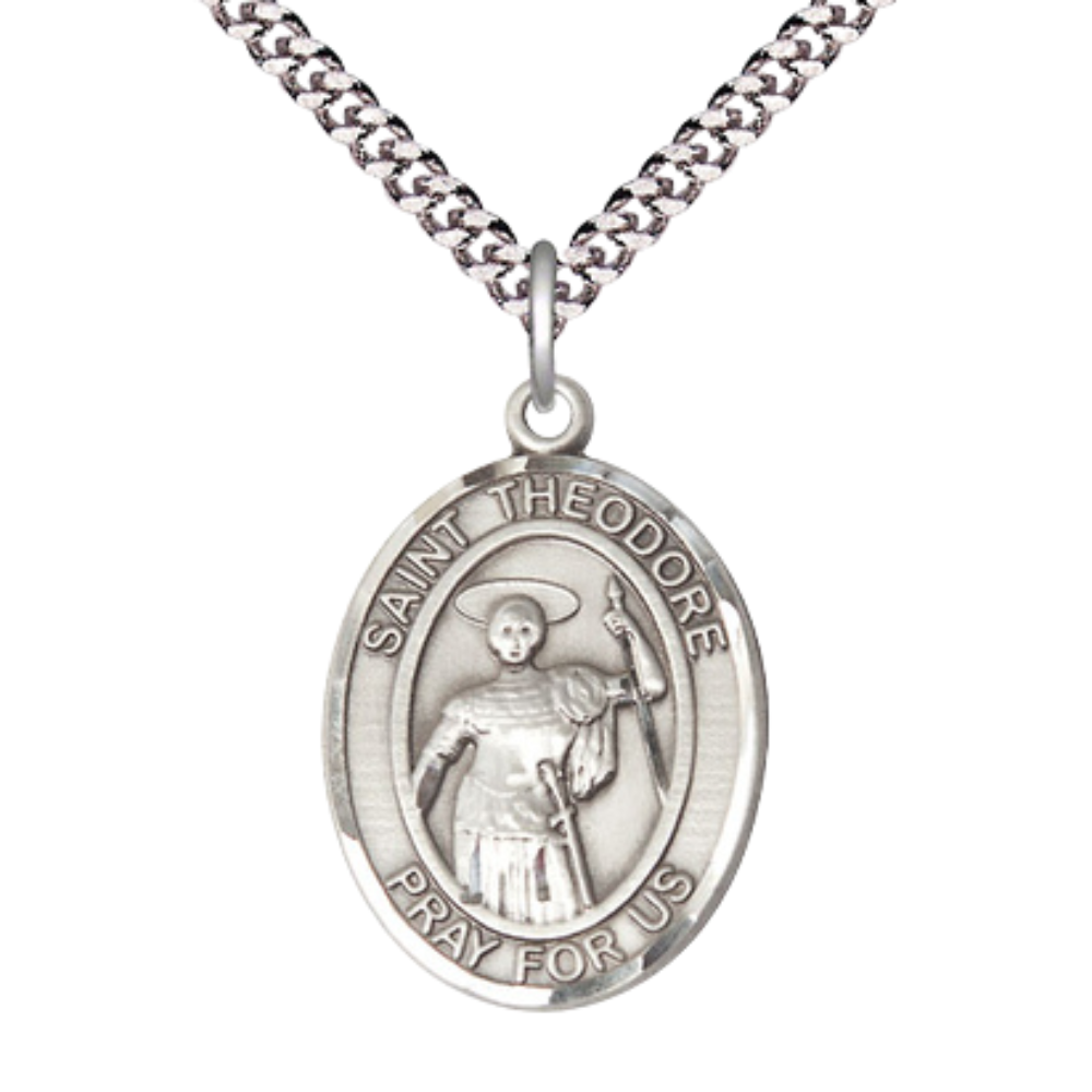 Oval Pewter Saint St. Theodore Stratelates Medal Pendant on 24 Inch Rhodium Plated Heavy Curb Brass Chain with Lobster Claw clasp, Catholic Religious Necklace - Made in USA - Deluxe Velvet Gift Box