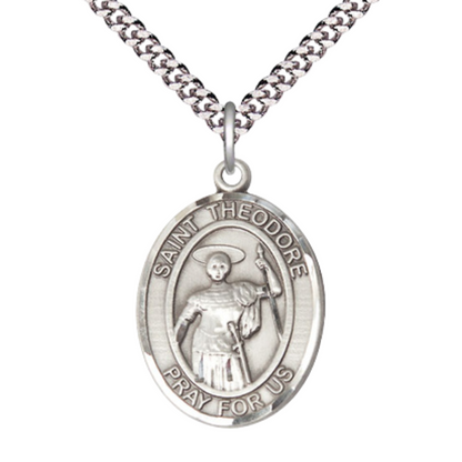 Oval Pewter Saint St. Theodore Stratelates Medal Pendant on 24 Inch Rhodium Plated Heavy Curb Brass Chain with Lobster Claw clasp, Catholic Religious Necklace - Made in USA - Deluxe Velvet Gift Box