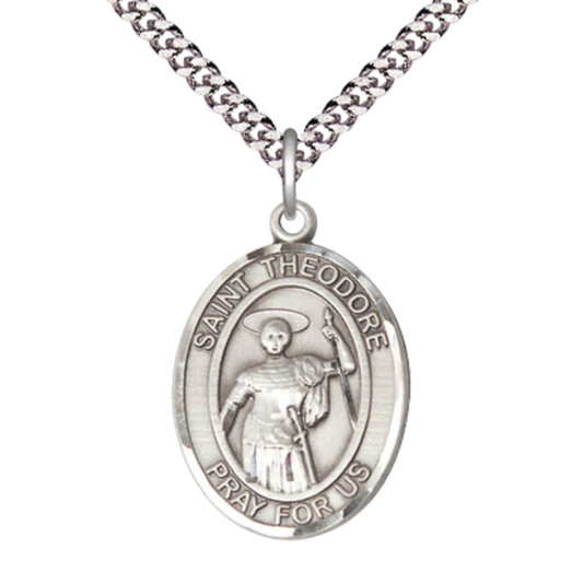 Oval Pewter Saint St. Theodore Stratelates Medal Pendant on 24 Inch Rhodium Plated Heavy Curb Brass Chain with Lobster Claw clasp, Catholic Religious Necklace - Made in USA - Deluxe Velvet Gift Box