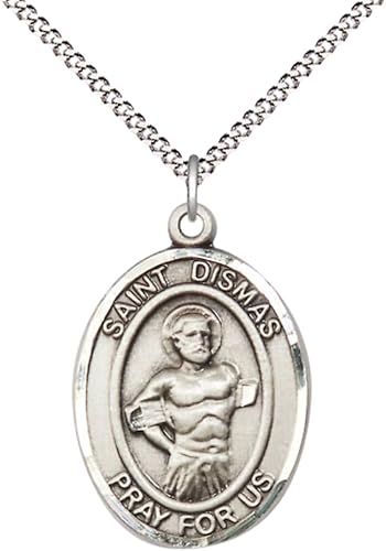 Women's Pewter Saint St. Dismas Medal Pendant on 18 Inch Rhodium Plated Lite Curb Brass Chain with Lobster Claw Clasp, Catholic Religious Necklace - Made in USA- Deluxe Velvet Gift Box