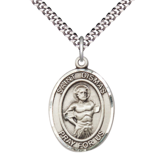 1 x 3/4" Oval Pewter Saint Dismas Medal Pendant on 24 inch Rhodium Plated Heavy Curb Brass Chain with Lobster Claw clasp, Catholic Religious Necklace -Made in USA- Deluxe Velvet Gift Box