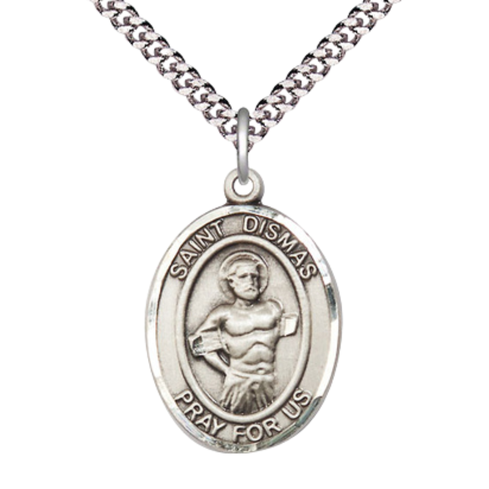 Saint St. Dismas Medal Necklace – Men's .925 Sterling Silver Pendant with 24Inch Light Rhodium Plated Heavy Curb Chain, Catholic Medal – Patron Saint St. of Penitent Criminals – Velvet Gift Box Included