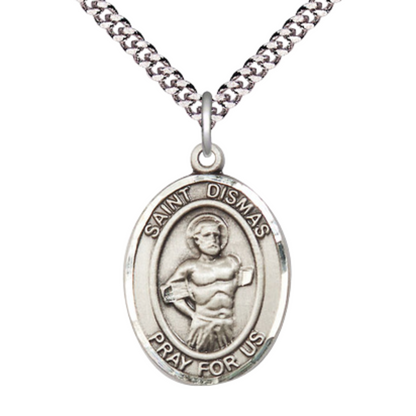 Saint St. Dismas Medal Necklace – Men's .925 Sterling Silver Pendant with 24Inch Light Rhodium Plated Heavy Curb Chain, Catholic Medal – Patron Saint St. of Penitent Criminals – Velvet Gift Box Included