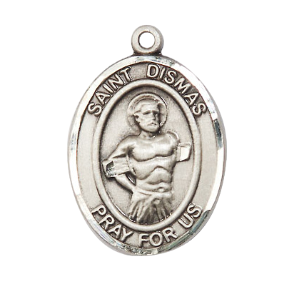 Saint St. Dismas Medal Necklace – Men's .925 Sterling Silver Pendant with 24Inch Light Rhodium Plated Heavy Curb Chain, Catholic Medal – Patron Saint St. of Penitent Criminals – Velvet Gift Box Included