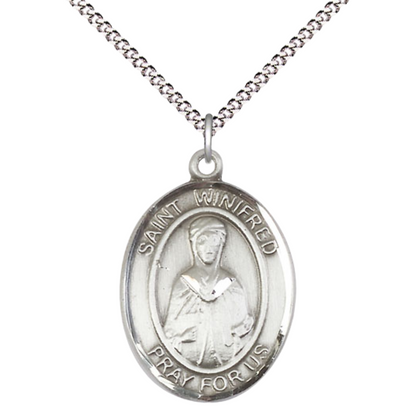 Everlasting Light Jewelry Women's Pewter Patron Saint St. Winifred of Wales Medal Pendant with 18 Inch Rhodium Plated Lite Curb Brass Chain Catholic Religious Necklace - Made in USA, Deluxe Velvet Gift Box