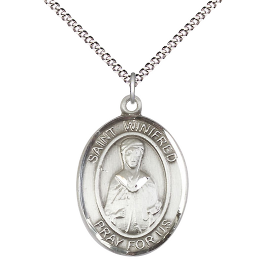 Everlasting Light Jewelry Women's Pewter Patron Saint St. Winifred of Wales Medal Pendant with 18 Inch Rhodium Plated Lite Curb Brass Chain Catholic Religious Necklace - Made in USA, Deluxe Velvet Gift Box