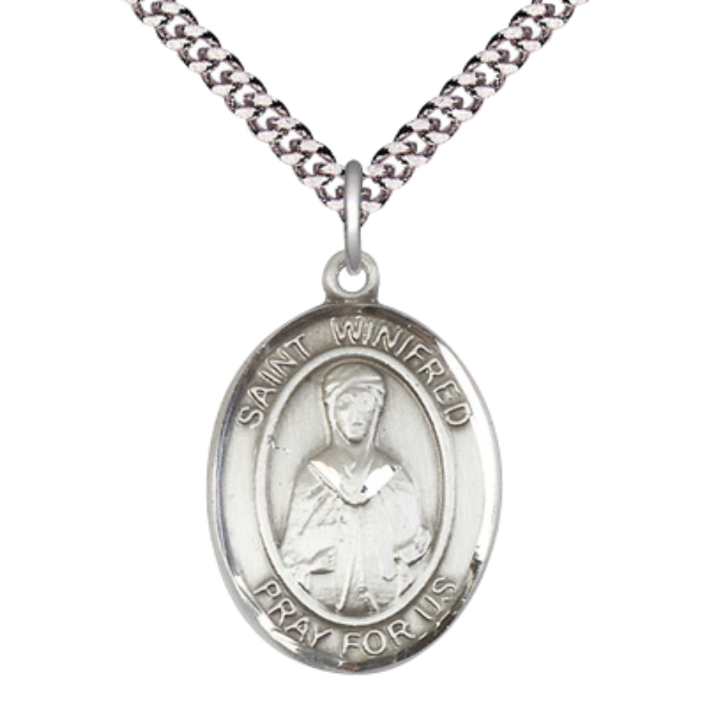 Everlasting Light Jewelry Men's Pewter Patron Saint St. Winifred of Wales Medal Pendant on 24 Inch Rhodium Plated Heavy Curb Chain Catholic Religious Necklace - Made in USA, Deluxe Velvet Gift Box