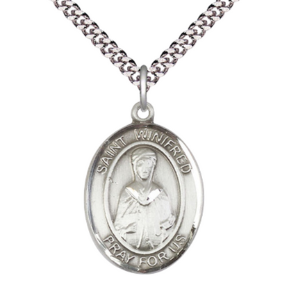 Everlasting Light Jewelry Men's Pewter Patron Saint St. Winifred of Wales Medal Pendant on 24 Inch Rhodium Plated Heavy Curb Chain Catholic Religious Necklace - Made in USA, Deluxe Velvet Gift Box