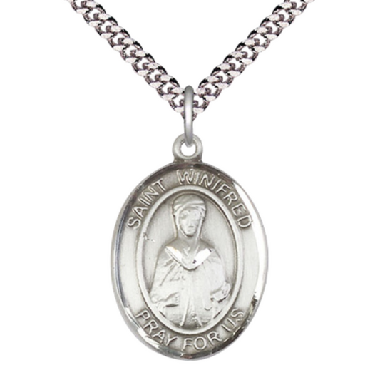 Everlasting Light Jewelry Men's Pewter Patron Saint St. Winifred of Wales Medal Pendant on 24 Inch Rhodium Plated Heavy Curb Chain Catholic Religious Necklace - Made in USA, Deluxe Velvet Gift Box