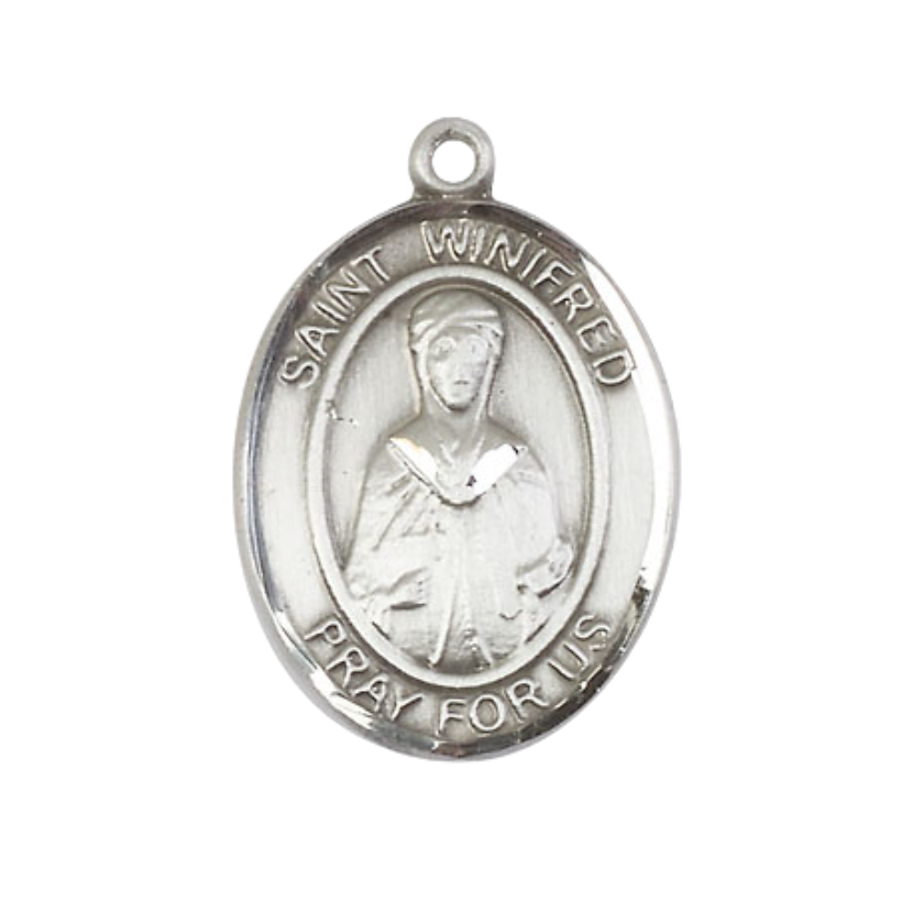 Everlasting Light Jewelry Men's Pewter Patron Saint St. Winifred of Wales Medal Pendant on 24 Inch Rhodium Plated Heavy Curb Chain Catholic Religious Necklace - Made in USA, Deluxe Velvet Gift Box
