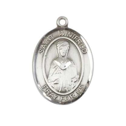 Everlasting Light Jewelry Men's Pewter Patron Saint St. Winifred of Wales Medal Pendant on 24 Inch Rhodium Plated Heavy Curb Chain Catholic Religious Necklace - Made in USA, Deluxe Velvet Gift Box