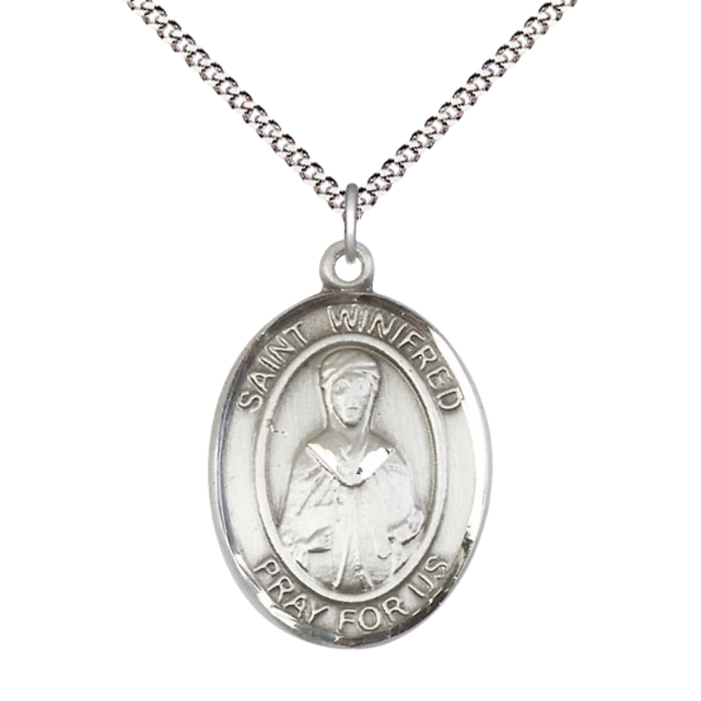 Women's .925 Sterling Silver Patron Saint St. Winifred of Wales Medal Pendant with 18 Inch Rhodium Plated Lite Curb Brass Chain Catholic Religious Necklace - Made in USA, Deluxe Velvet Gift Box
