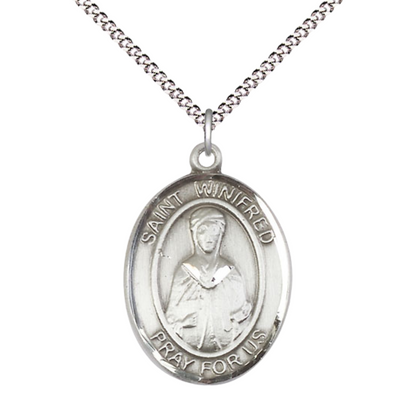 Women's .925 Sterling Silver Patron Saint St. Winifred of Wales Medal Pendant with 18 Inch Rhodium Plated Lite Curb Brass Chain Catholic Religious Necklace - Made in USA, Deluxe Velvet Gift Box