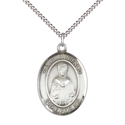 Women's .925 Sterling Silver Patron Saint St. Winifred of Wales Medal Pendant with 18 Inch Rhodium Plated Lite Curb Brass Chain Catholic Religious Necklace - Made in USA, Deluxe Velvet Gift Box