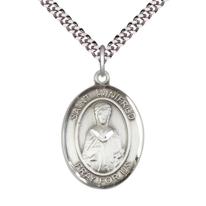 .925 Sterling Silver Saint St. Winifred of Wales Medal Pendant on 24 Inch Rhodium Plated Heavy Curb Brass Chain with Lobster Claw clasp, Catholic Religious Necklace - Made in USA- Deluxe Velvet Gift Box